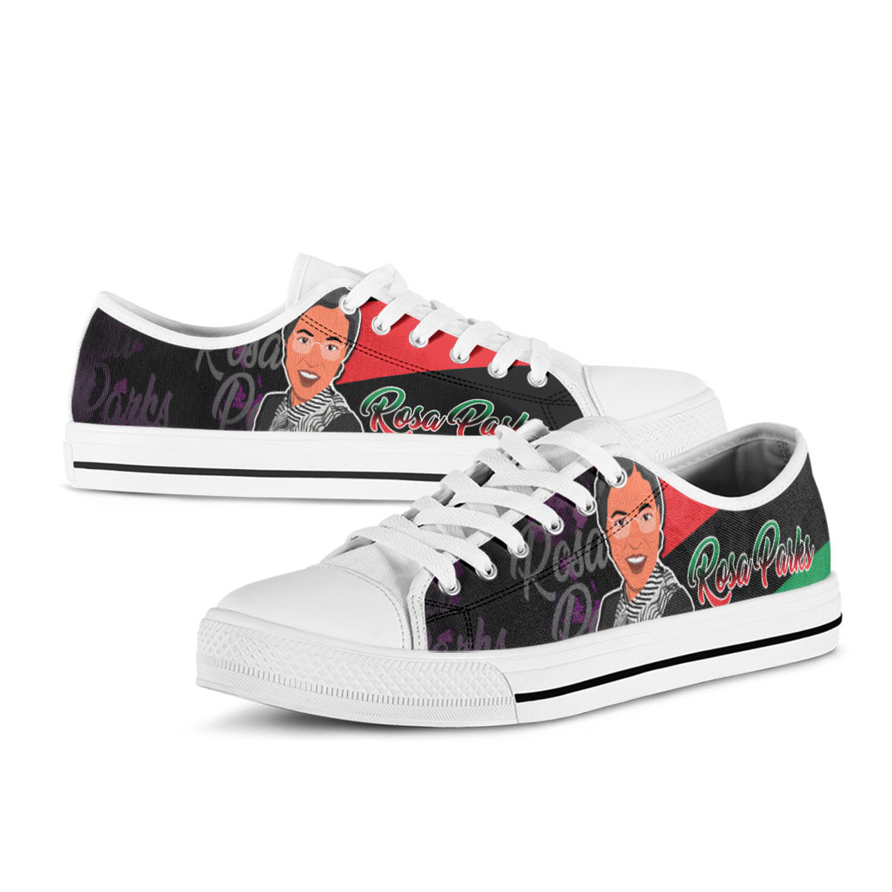 Black History Month Low Top Shoes - Rosa Parks Civil Rights Leader With Pan Africa Flag