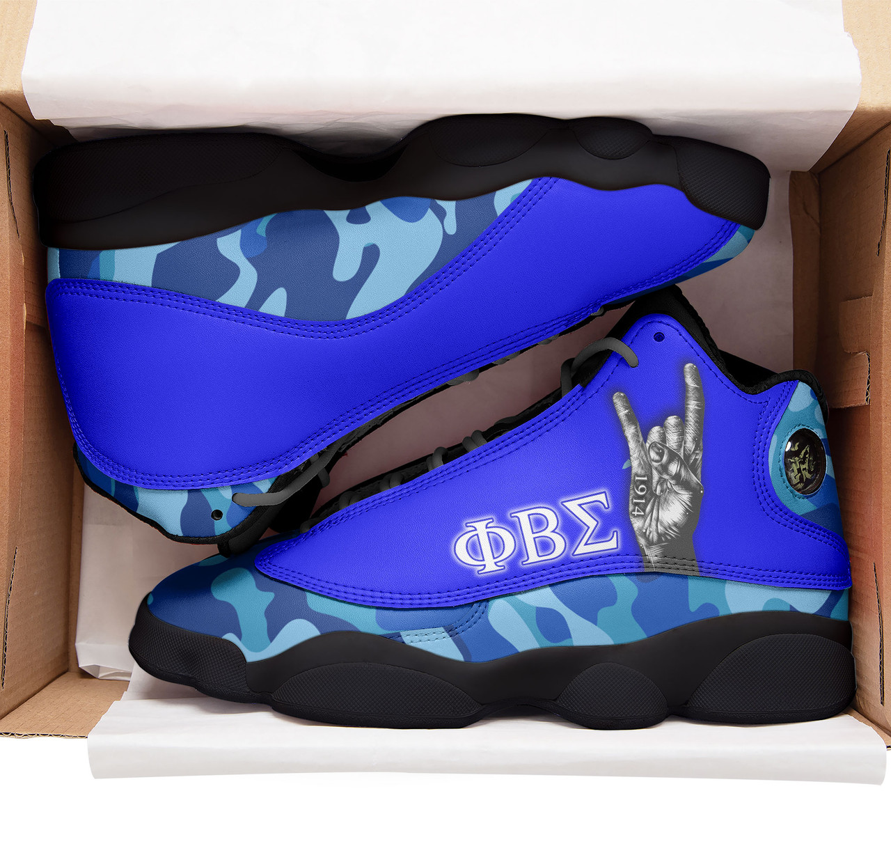 Phi Beta Sigma High Top Basketball Shoes J 13 - Fraternity Hand Gesture Camouflage Patterns High Top Sneakers J 13