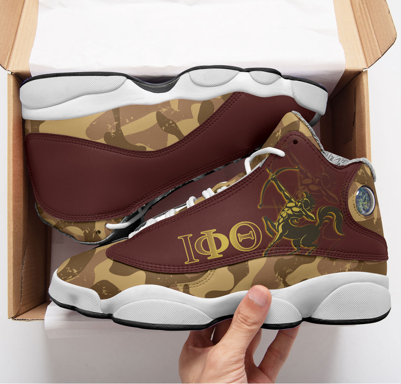 Iota Phi Theta High Top Basketball Shoes J 13 - Fraternity Hand Gesture Camouflage Patterns High Top Sneakers J 13