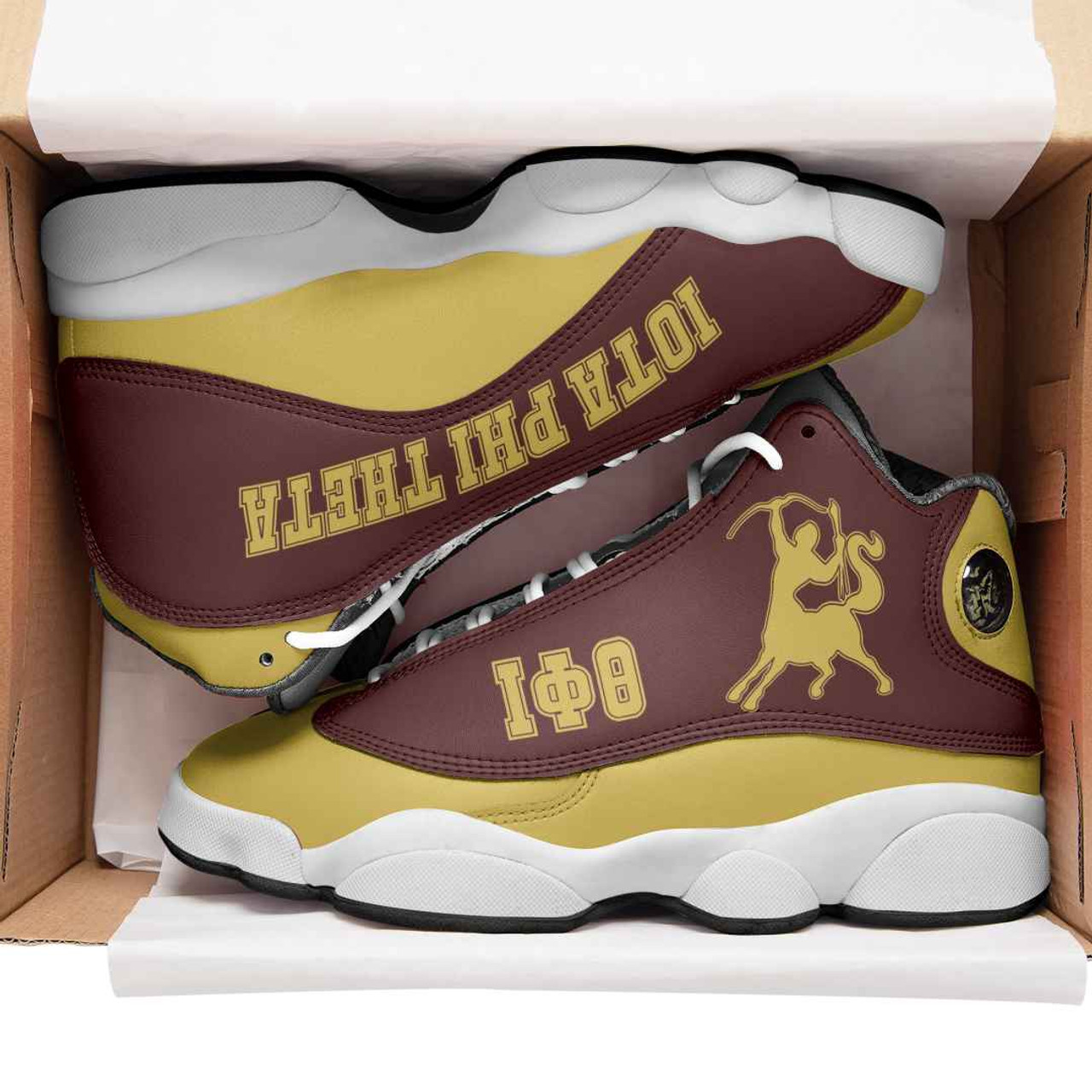 Iota Phi Theta High Top Basketball Shoes J 13 - Fraternity Centaur With Hand Gesture High Top Sneakers J 13