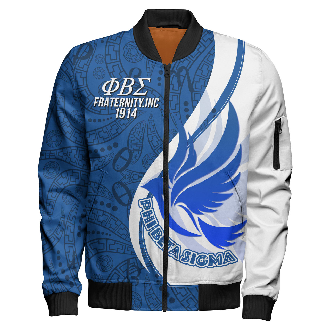 Phi Beta Sigma Zipper Bomber Jacket - Custom Fraternity Ornamental Floral Greek Alphabets Zipper Bomber Jacket