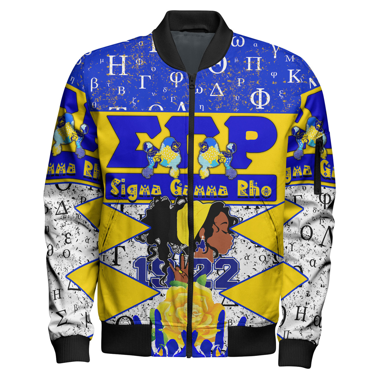 Sigma Gamma Rho Bomber Jacket - Sigma Gamma Rho Sorority Girl 1922 Greek Alphabet With Gold Rose And Hand Signs Bomber Jacket