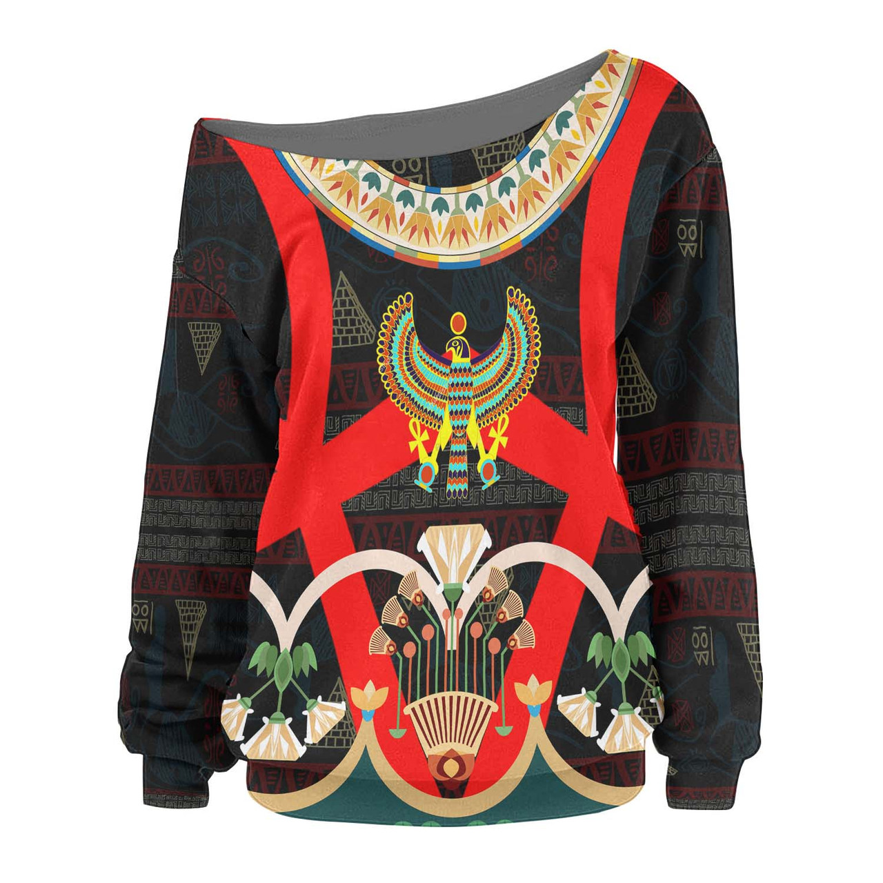 Egyptian Women Off Shoulder Sweater - Ancient Egypt Hyeroglyphs Pattern Women Off Shoulder Sweater