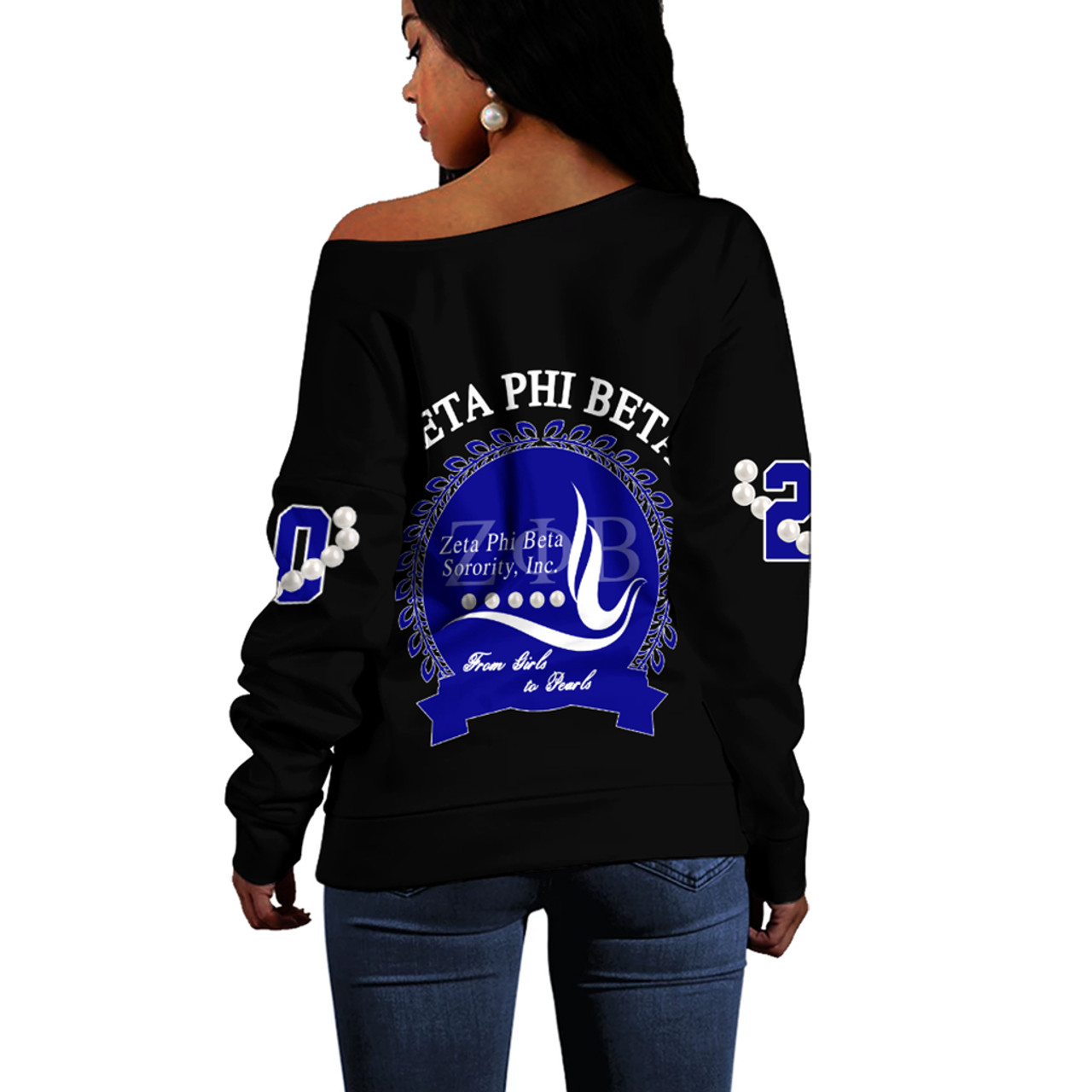 Zeta Phi Beta Off Shoulder Sweatshirt Pearls