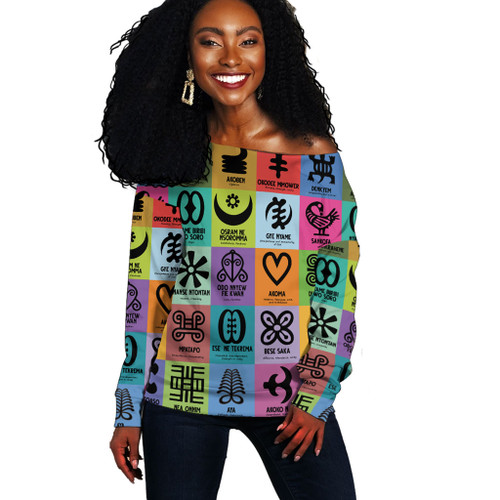 Adinkra Off Shoulder Sweatshirt Multi Color Adinkra Symbols