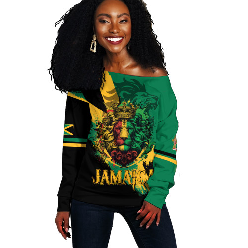 Jamaica Off Shoulder Sweatshirt Flag Kindom Lion Vintage Style