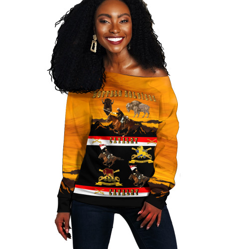 Buffalo Soldiers Off Shoulder Sweatshirt Cavalrymen And Guidons In Western Sunset