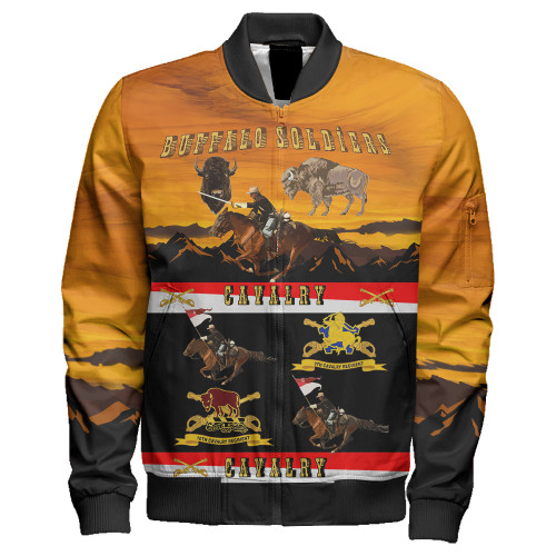 Buffalo Soldiers Zipper Bomber Jacket Cavalrymen And Guidons In Western Sunset