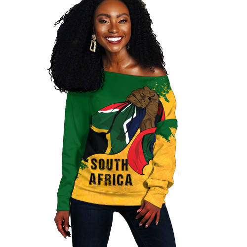 South Africa Off Shoulder Sweatshirt Flag In Hand And Pride In Heart