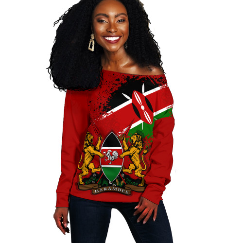 Kenya Off Shoulder Sweatshirt Flag Brush Stroke Background