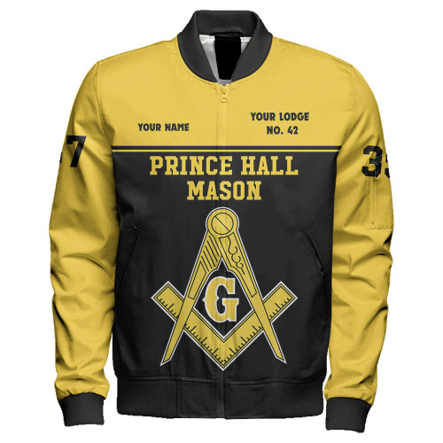 Prince Hall Freemasonry Zipper Bomber Jacket Custom Mason Compass & Square Symbol Style