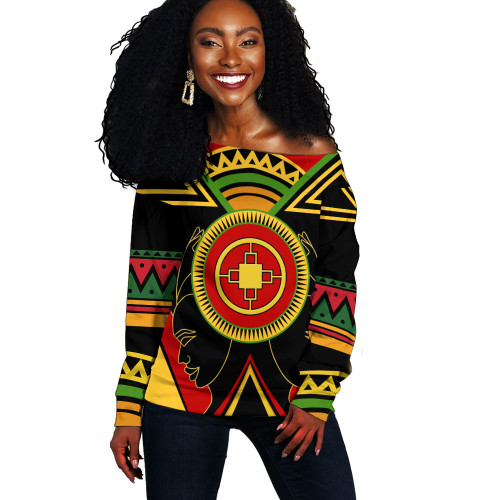 Dame-Dame Off Shoulder Sweatshirt Adinkra Symbols