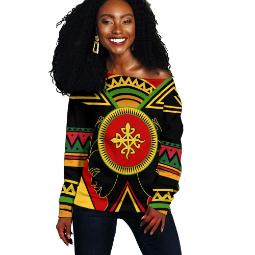 Denkyemfunefu Off Shoulder Sweatshirt Adinkra Symbols