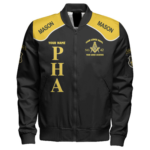 Prince Hall Freemasonry Zipper Bomber Jacket Custom Prince Hall Mason 357 Freemasonry Brotherhood Style Black