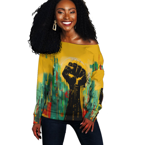 Black History Off Shoulder Sweatshirt Black Power Fist Matte Art