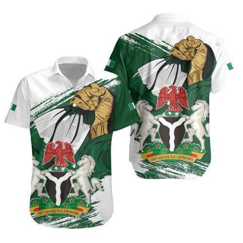 Nigeria Short Sleeve Shirt Fisted Hand Holding Nigerian Flag