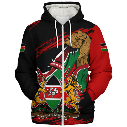 Kenya Sherpa Hoodie Fisted Hand Holding Kenyan Flag