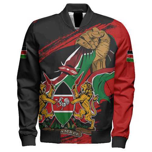 Kenya Zipper Bomber Jacket Fisted Hand Holding Kenyan Flag