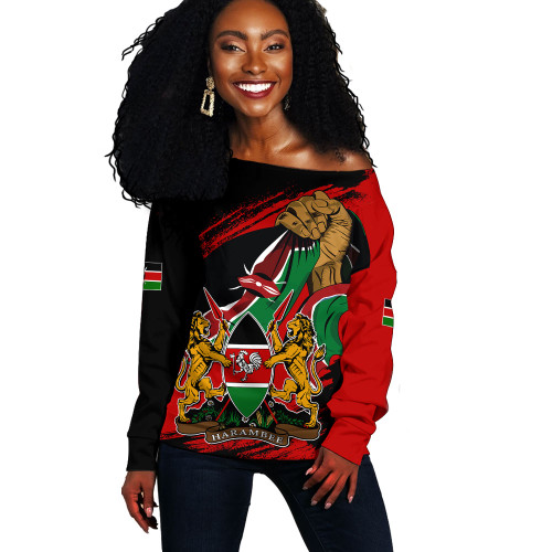 Kenya Off Shoulder Sweatshirt Fisted Hand Holding Kenyan Flag