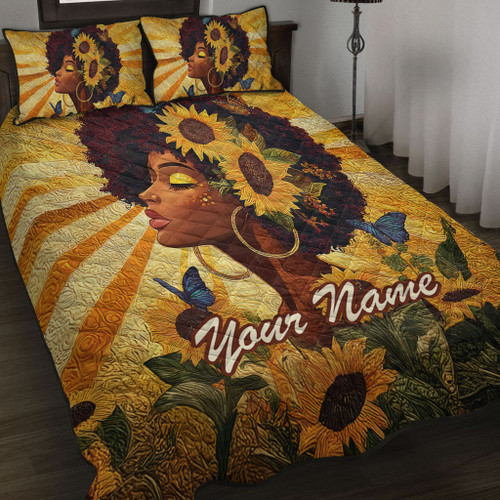 Black Identity Quilt Bed Set Custom Black Women Sunflower Queen