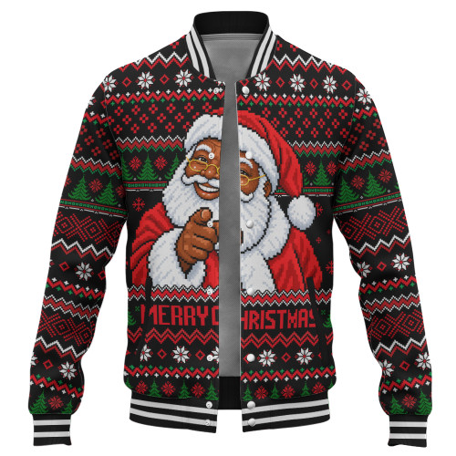 Black Culture & Pride Baseball Jacket Black Santa Pointing Finger Ugly Christmas Style