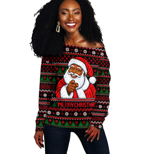 Black Culture & Pride Off Shoulder Sweater Black Santa Pointing Finger Ugly Christmas Style