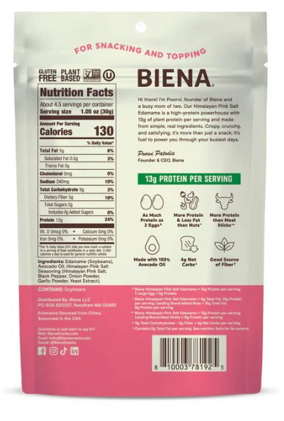 Biena GF Crispy Roasted Edamame Himalayan Roasted Sea Salt