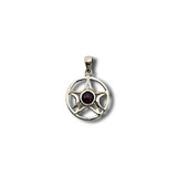 Garnet Pentacle with Triple Moon Pendant .925 Silver 1.25"