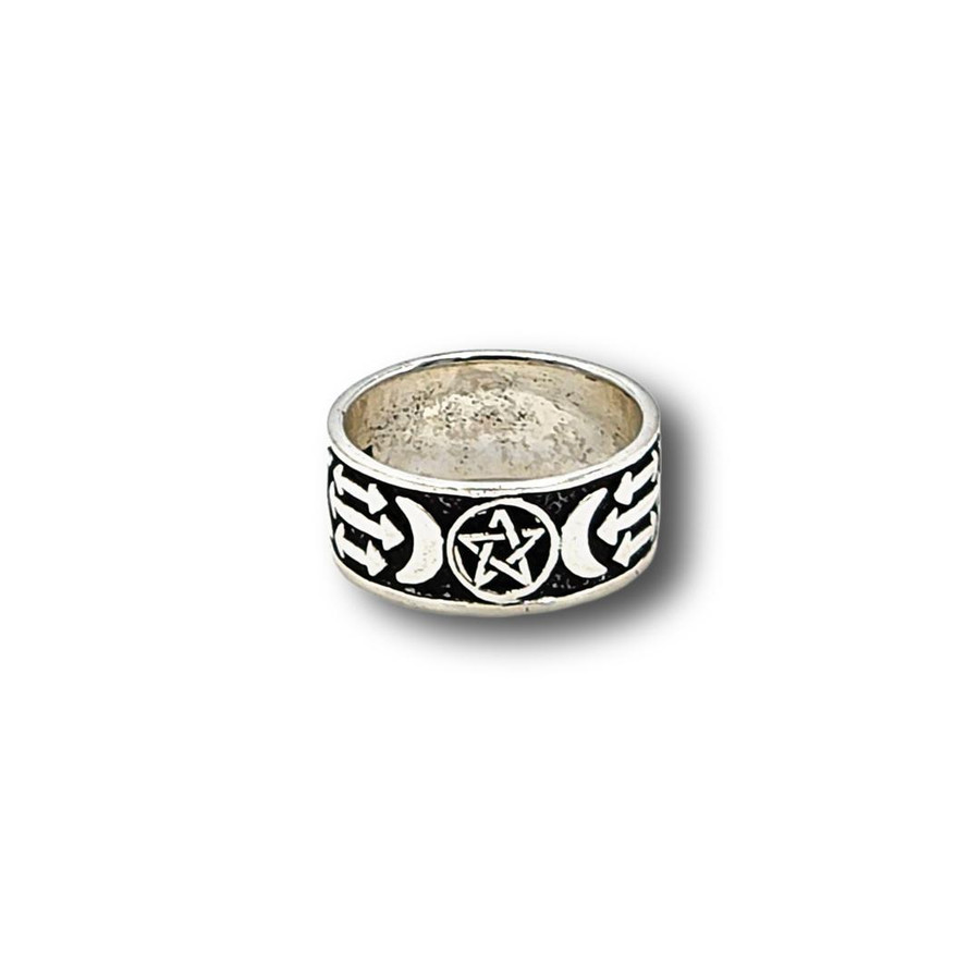 Pentacle Triple Moon Goddess Ring .925 Silver