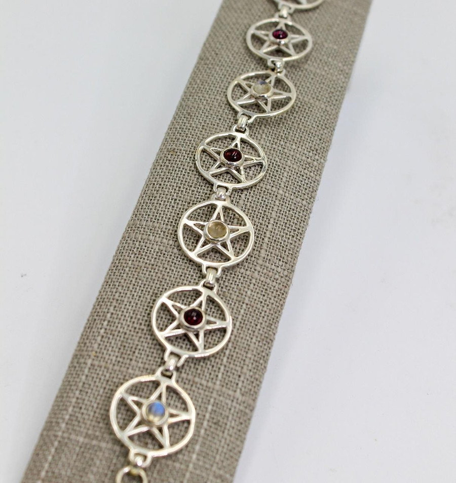 Pentacle Bracelet w/ Rainbow Moonstone and Garnet .925 Silver