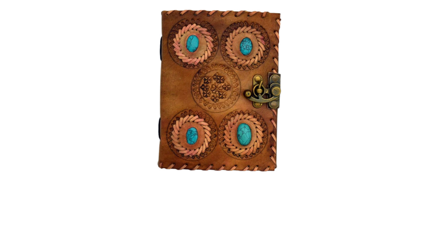 4 Turquoise Stone Embossed and Stitched Leather Journal 5x7"