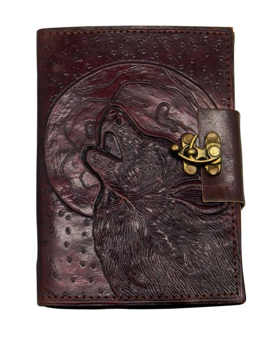 Wolf/Moon Leather Embossed Journal 5 x 7 with metal lock