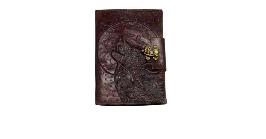 Wolf/Moon Leather Embossed Journal 5 x 7 with metal lock