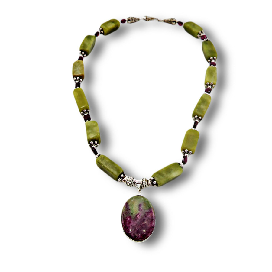 Serpentine, Garnet with Ruby Zoisite Pendant Necklace