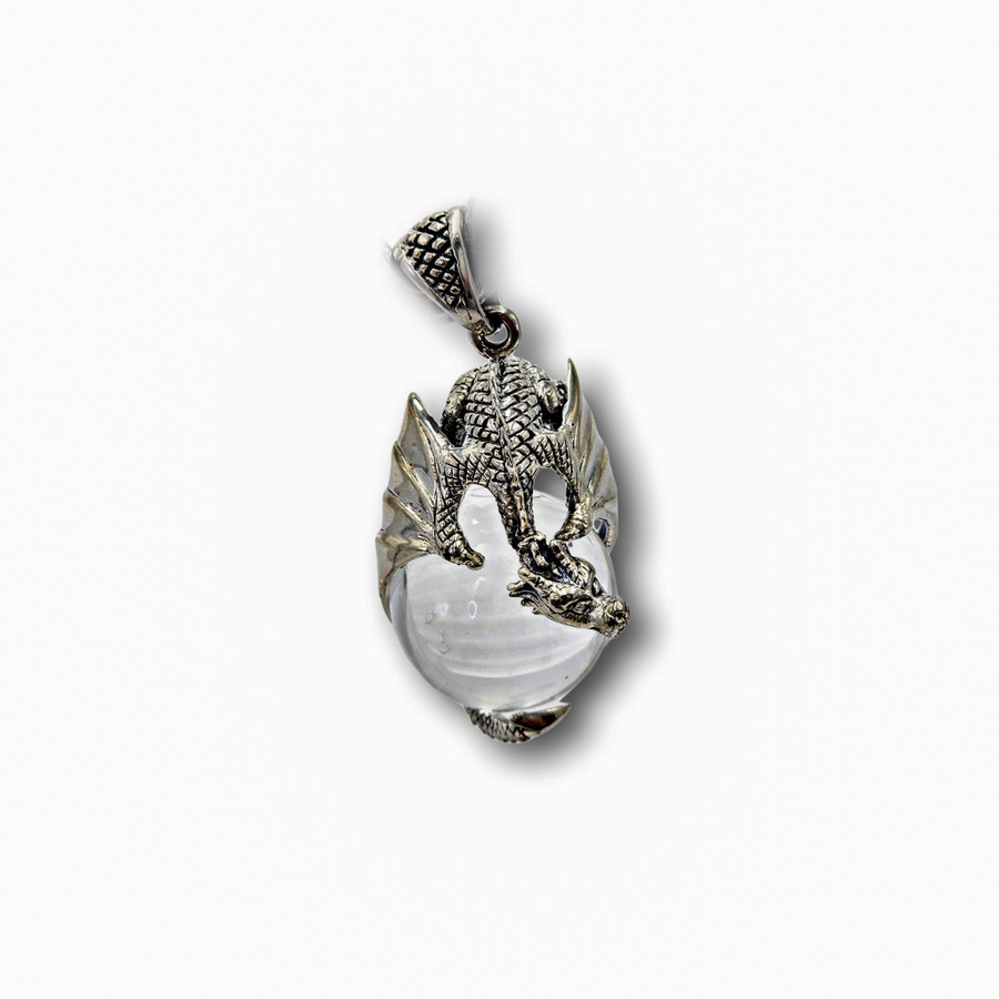 Crystal Quartz Pendant w/ Dragon .925 Silver 2" (CB)