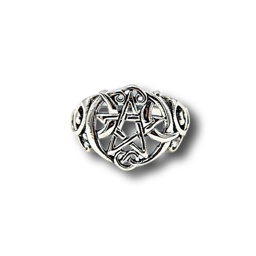 Pentacle w/ Crescent Moons Ring .925 Silver