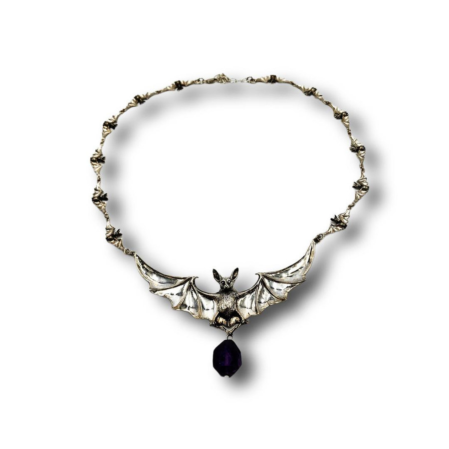 Sterling Silver Bat Necklace with Bat Chain and Amethyst