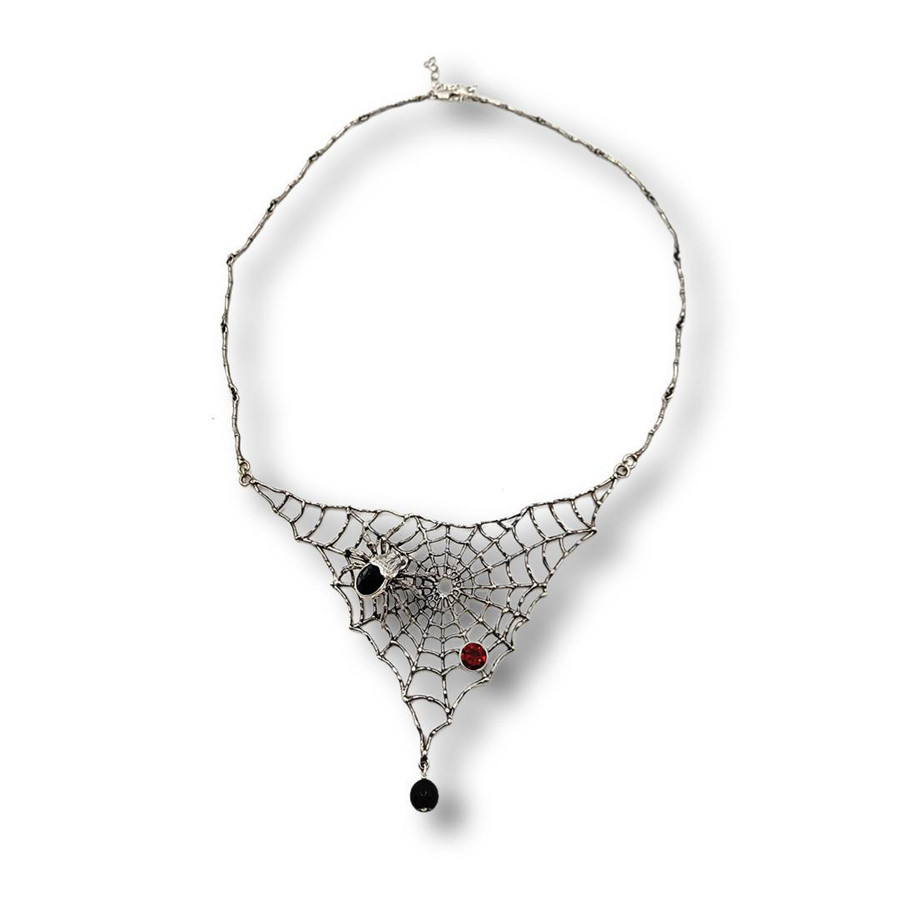 Sterling Silver Spiderweb Necklace with Garnet and Black Onyx