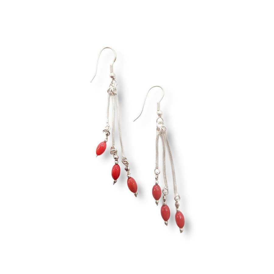 Red Coral Dangle Earrings .925 Silver