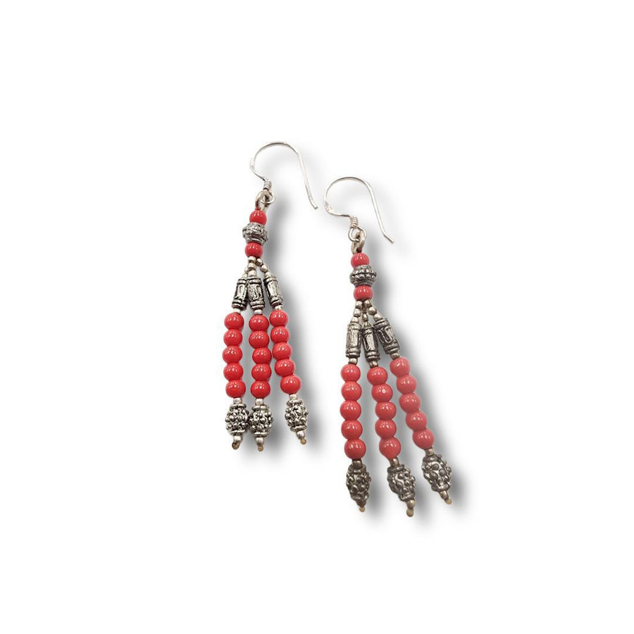 Red Coral Dangle Earrings .925 Silver (S1)