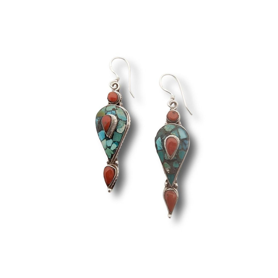 Turquoise w/Red Coral Earrings .925 Silver (S2)