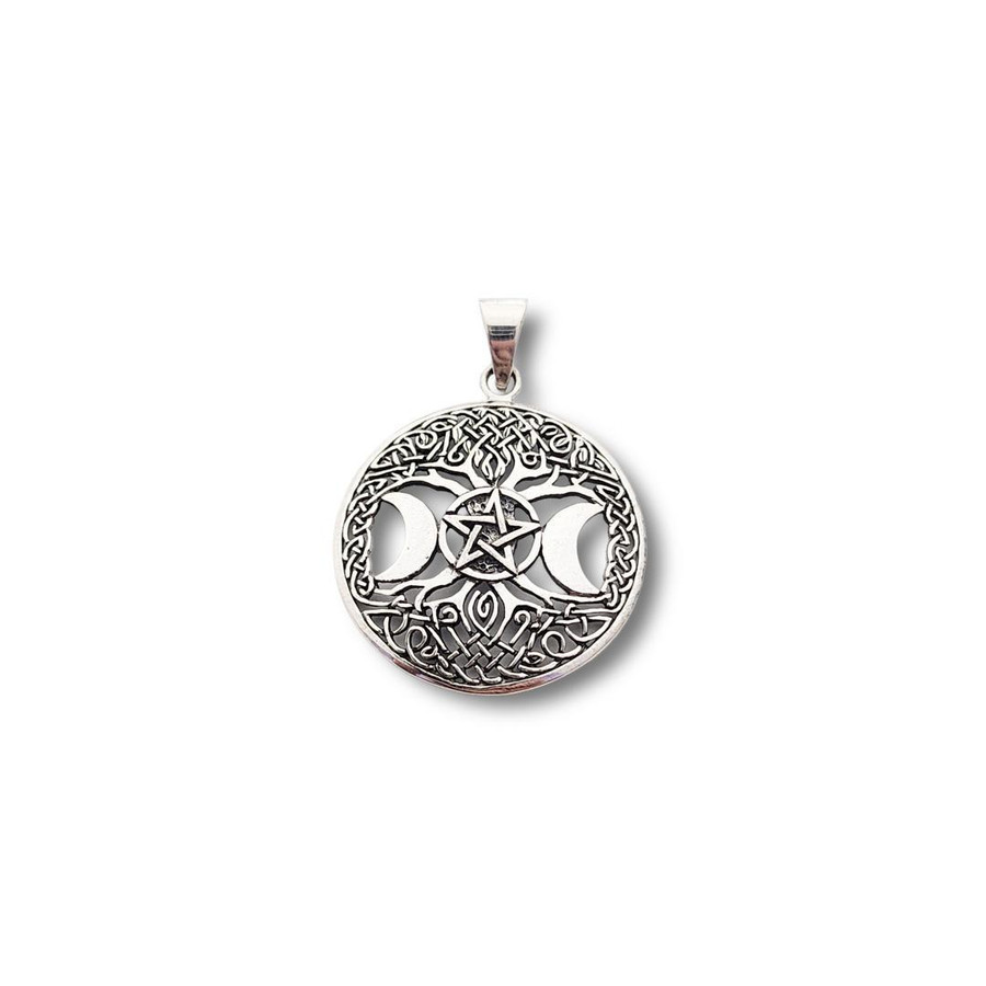 Triple Moon Pentacle Tree of Life Pendant .925 Silver