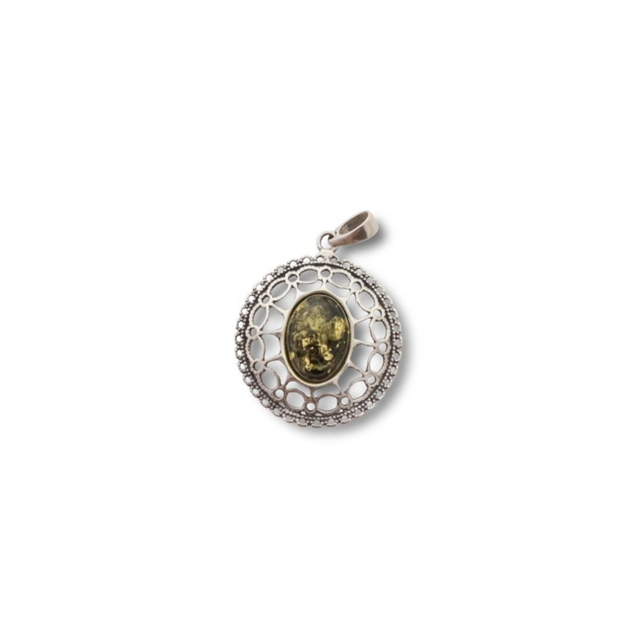 Green Amber Filigree Pendant .925 Silver