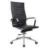 Classic Eames Ribbed High-back Chair, Black Leather Ergonomic Office Chair with Chrome Armrests and a Silver Base with Caster Wheels.