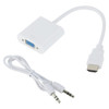 HDMI To VGA With Audio Converter, a device with HDMI input, VGA output, and audio cable for connecting HDMI devices to VGA monitors with audio support.
