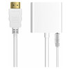 HDMI To VGA With Audio Converter, white HDMI to VGA adapter with audio cable and compact converter box for connecting HDMI devices to VGA displays.