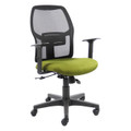 Airo Medium-back Office Chair, Ergonomic Office Chair with a Green Cushioned Seat, Black Mesh Backrest, Adjustable Armrests, and a Swivel Base with Wheels.