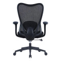 Black Mesh Office Chair with Black Nylon Frame, Medium-back, and Adjustable Lumbar Support, Featuring Wide Padded Armrests, on a Five-Legged Base with Casters, by 67, Showcasing Ergonomic Design and Comfort.