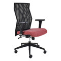 Exodus Medium-back Office Chair by 67, an Ergonomic Office Chair with Black Mesh Back, Red Cushioned Seat, and Adjustable Armrests, on a Five-Star Base with Wheels, Showcasing Comfort and Support for Professionals.