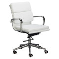 Classic Eames Cushion Medium-back Office Chair, White Leather Office Chair with Chrome Armrests and Base, Adjustable Height, and Five Casters for Mobility.